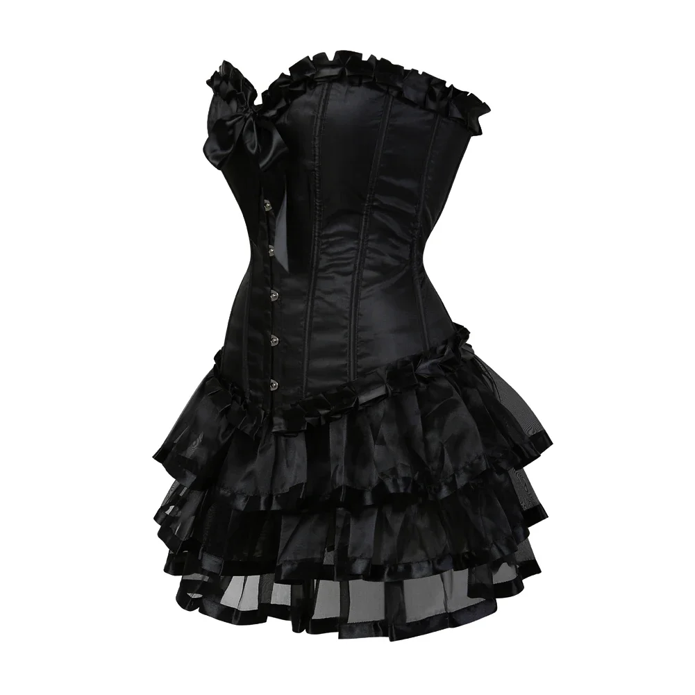 Satin Corset Tutu Skirt Steampunk Push Up Bustier Dress Korsage Lace Up Boned Classic Clubwear Carnival Sexy Costume Goth Outfit