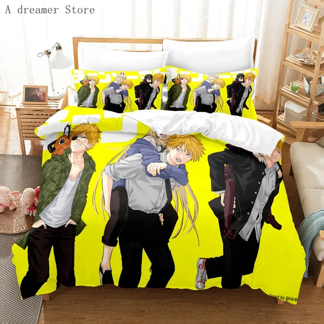 Motosserra homem cama anime dos desenhos animados twin conjunto de cama  duplo 3 peça capa edredão duplo rei capa têxtil casa - AliExpress