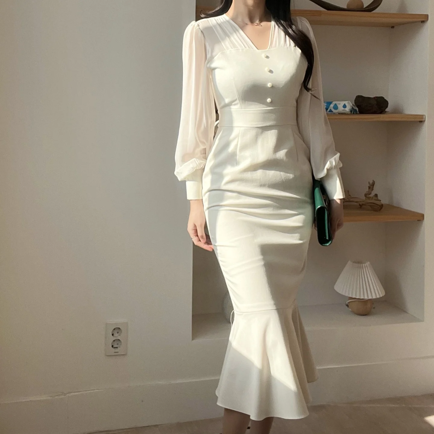 Korean Fashion Bodycon Midi Dresses for Women Mesh Patchwork Long Sleeve Fishtail Office Lady Mermaid Party Dress Slim Mermaid