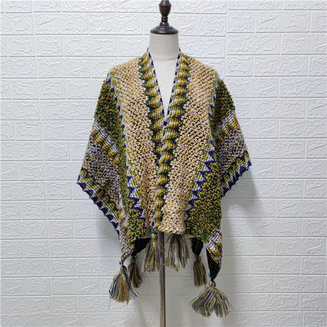 

Women Knitting Poncho Capes Autumn New Female Fashion Bohemian Poncho Cloak Tassel Winter Clothing Cardigan Scarf Tibet Beige