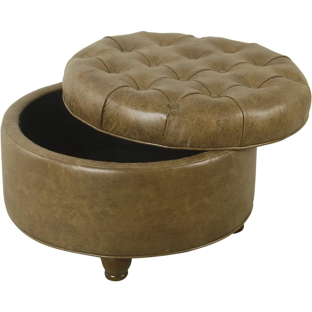 

Large Button Tufted Faux Leather Round Storage Ottoman | Ottoman with Storage for Living Room & Bedroom (Brown)