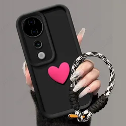 3D Love Heart Hand Strap Back Cover Case for Vivo V50 Lite (Rose Black)