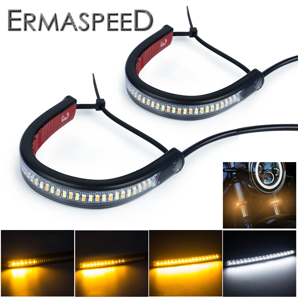 1/2PCS Flexible Flowing LED Motorcycle Turn Signal Light Strip White&Amber Motorbike Front Fork Running Lights Waterproof 12V