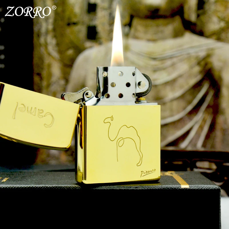 

ZORRO Picasso Kerosene Lighter Brass Profound Sculpture Flip Cap Grinding Wheel Authentic