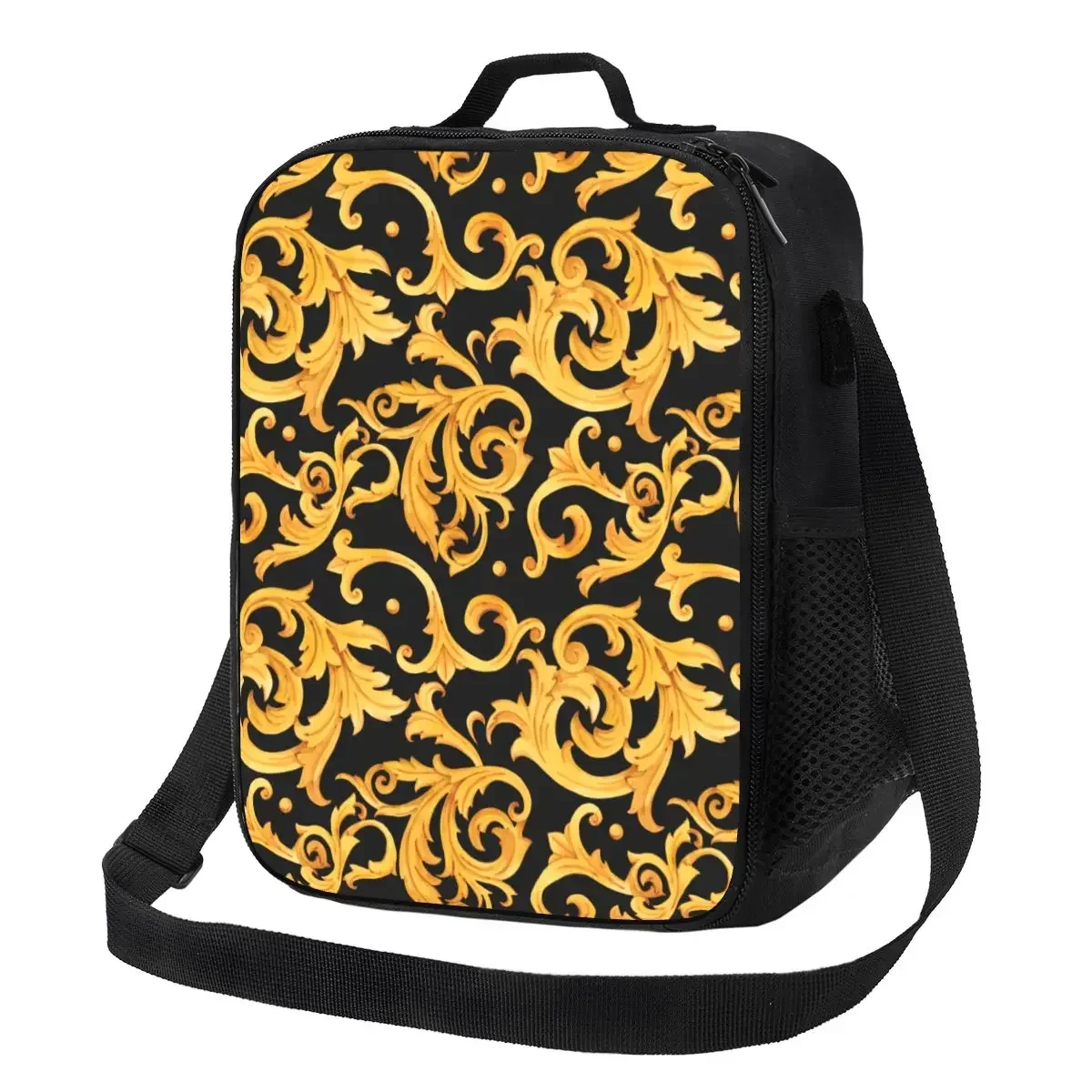 

Luxury Golden European Floral Insulated Lunch Bag for School Office Baroque Victorian Art Cooler Thermal Bento Box Children