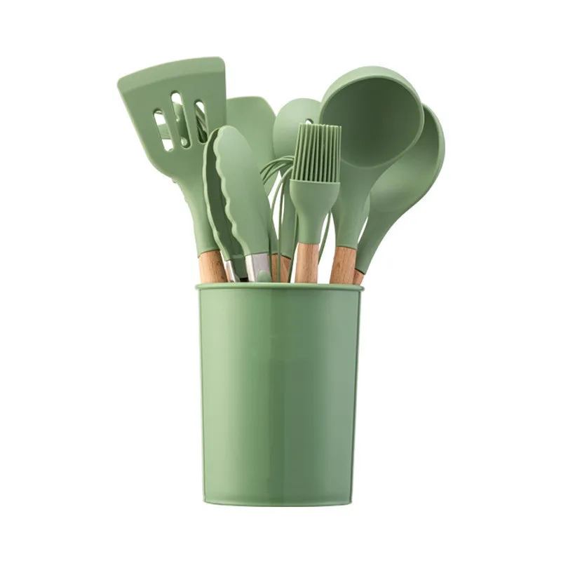 New Green Silicone Kitchen Utensils Set 19Pcs Non-Stick Cookware For Wooden  Spatula Egg Beaters Kitchenware Kitchen Accessories