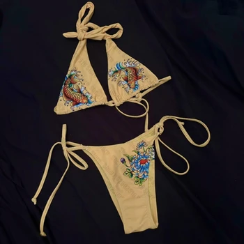 2024 Swimsuit letter print Push-up Padded Bra Thong Two Pieces Swimwear Women Sexy Bikini Set Beachwear Bathing Suit Female 1