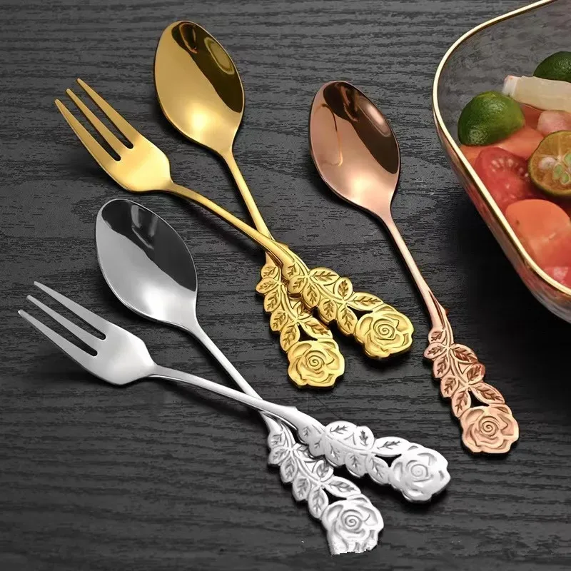 Stainless Steel Spoon Stainless Steel Fork Tea Spoon Rose Flower Head Stainless Steel Coffee Spoon Fruit Dessert Fork Mixing Sppons for Kitchen Hotel