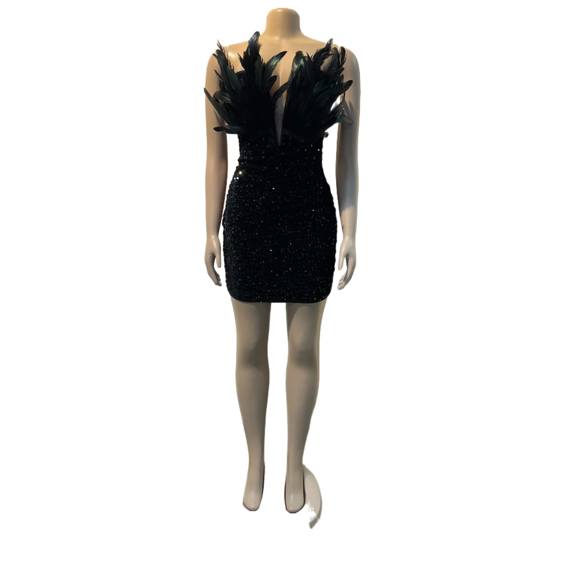 

Sexy Women Sequins Nightclub Dress Female Feathers Strapless Robe Girl's Party Vestidos Lady's Wrap Hip Skinny Mini Dresses