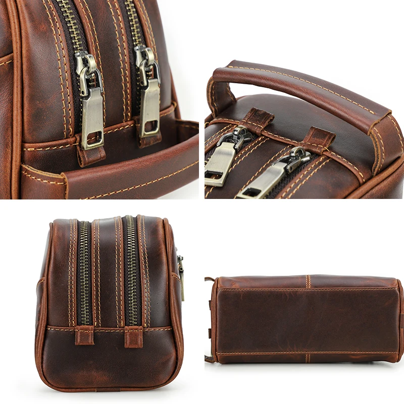 Makeup Bag Crazy Horse Genuine Leather Travel Makeup Bag Men's Vintage Leather Cosmetic Cases Luxury Washing Storage Toiletry Bags