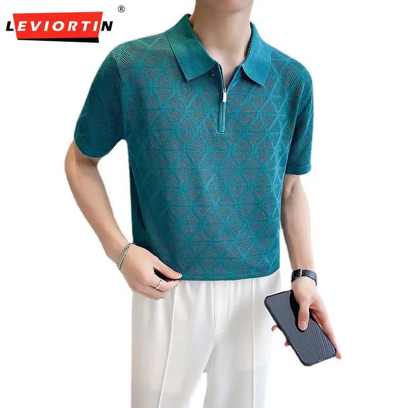 

British Stye Summer Fashion Plaid Knitted Polo Shirts For Men Clothing 2023 Short Sleeve Casual Slim Fit Hollow Tee Shirt Homme