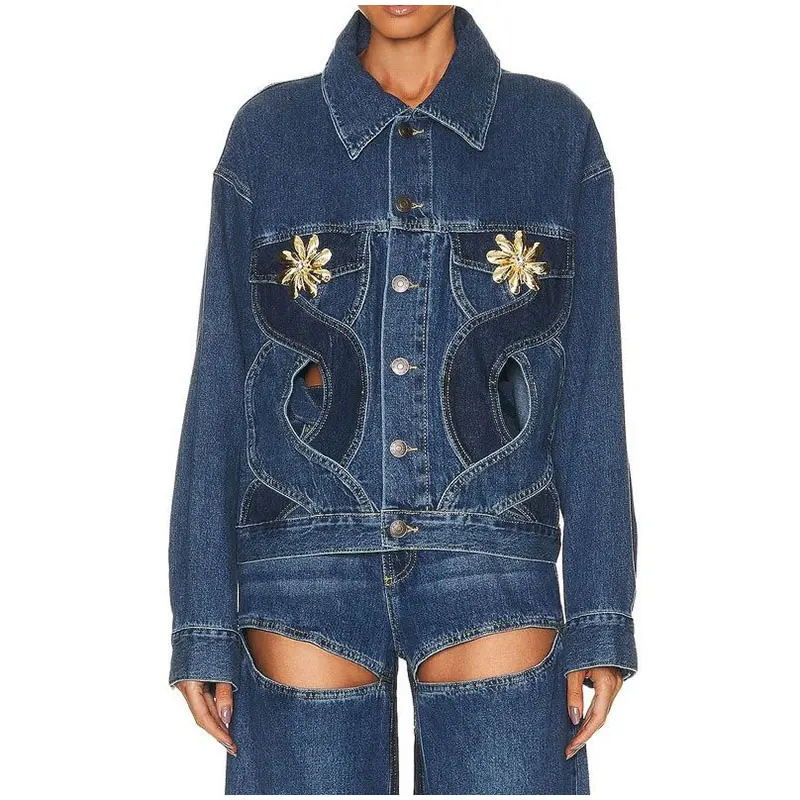 

Женская джинсовая куртка с вырезами, повседневная винтажная куртка с длинным рукавом и перекрестными лацканами, Y2K, Летний сезон 2023