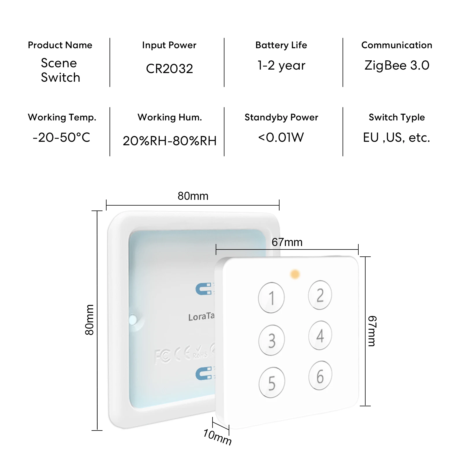 LoraTap ZigBee 3.0 Tuya Smart Life EU Standard 6 Button Gang Scene Magnetic Remote Control Switch Gateway Required ZigBee2MQTT