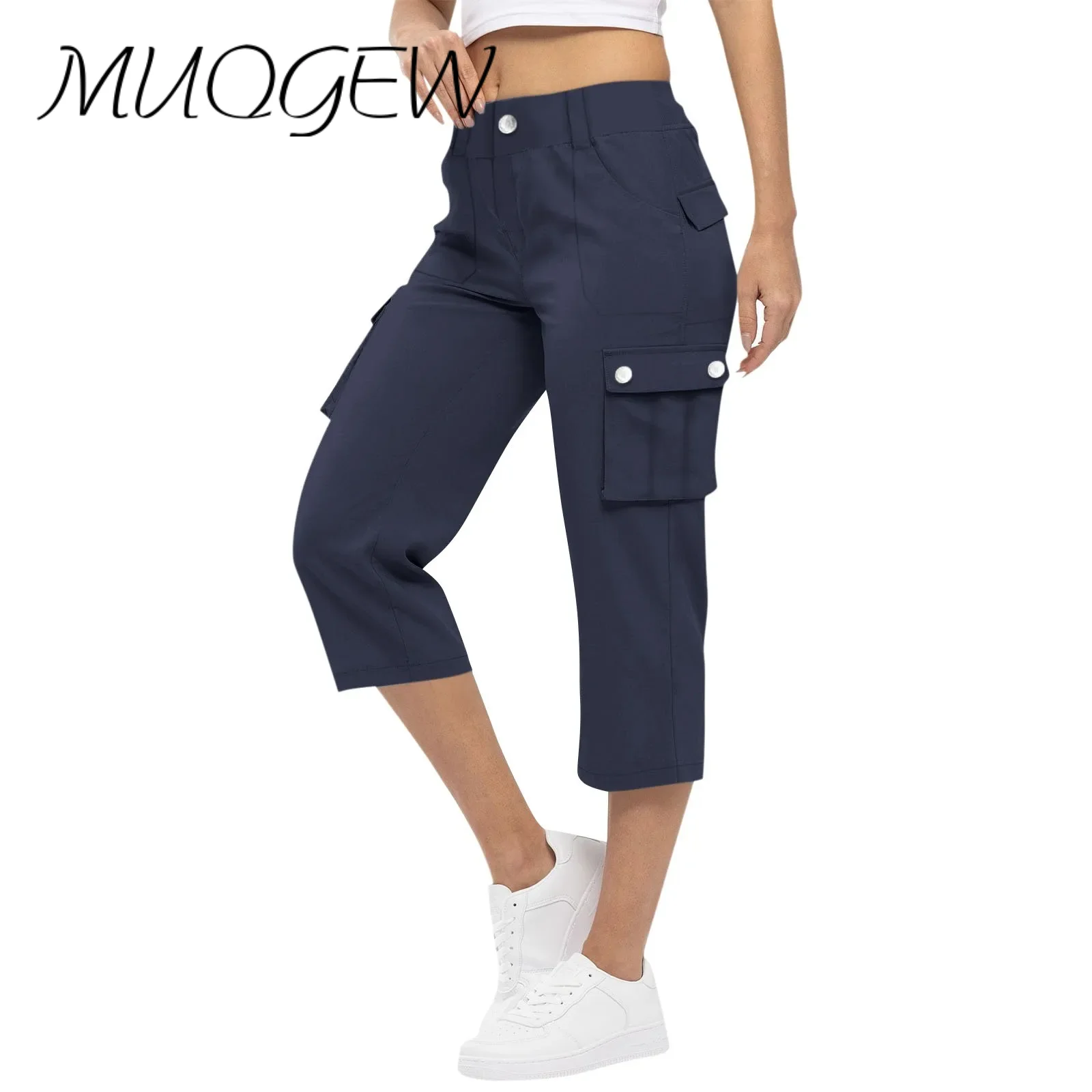 

Women'S Cargo Capris Relaxed Fit Drawstring High Waist Button 3/4 Length Pants Summer New 2024 Casual Trousers Multi-Pockets