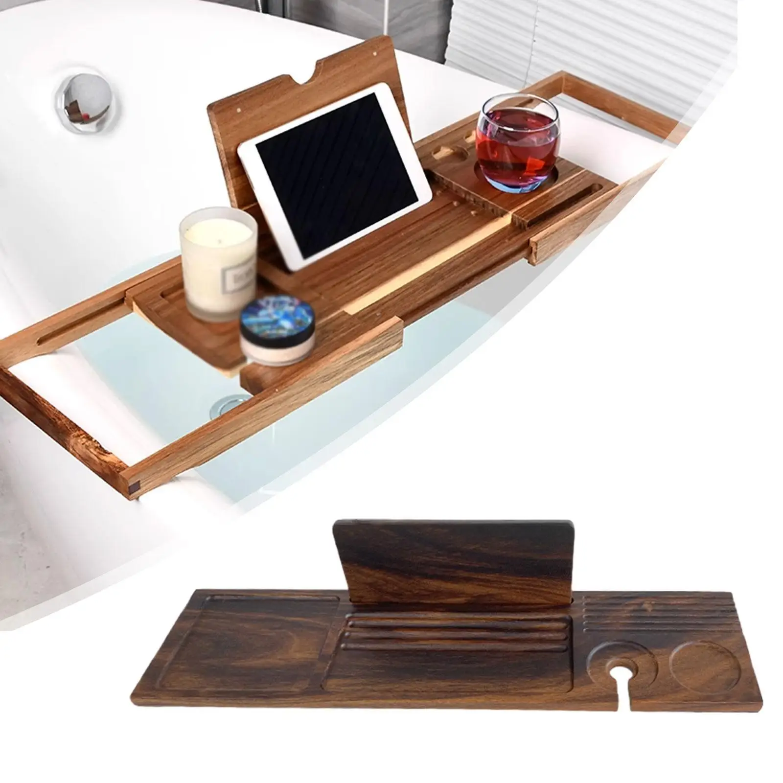 Bathtub Caddy Tray Bath Book Holder Unique Bathtub Accessories Premium Wooden Bathtub Tray for Cup Glass Bathroom Towel Tablet 3