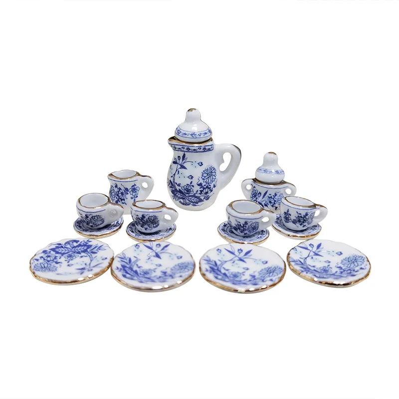 

Kids Simulation Mini Tea Cup Set Toy 15pcs Dollhouse Miniature Ceramic Flower Patten Tableware Toys for Kids Birthday Gift