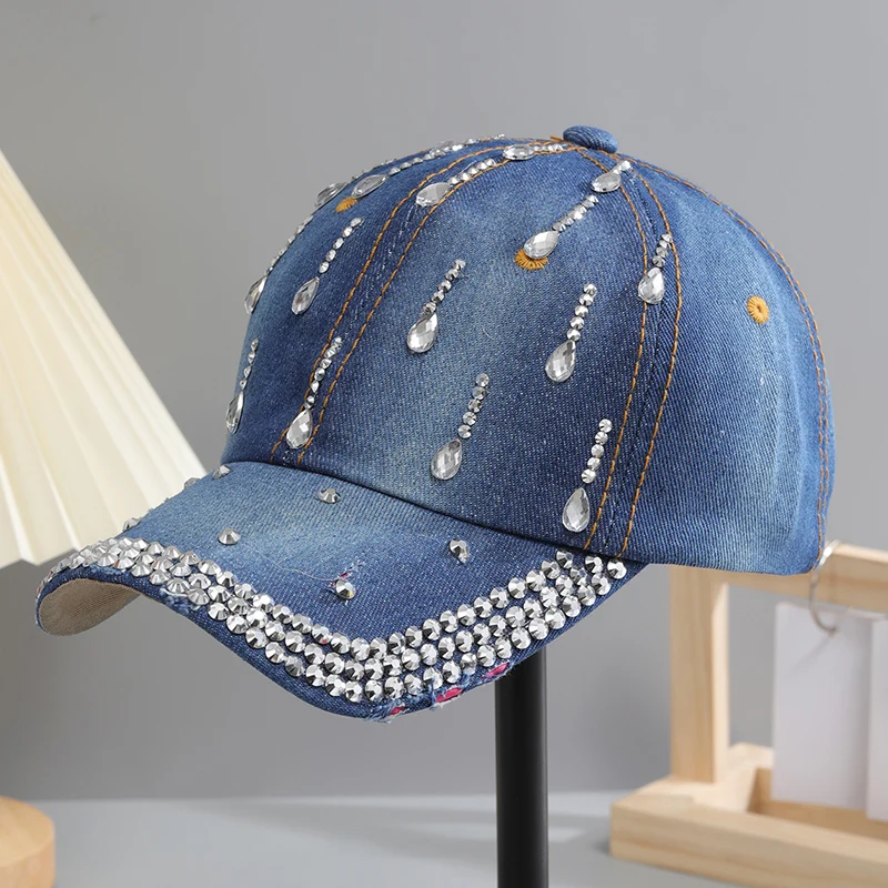 Baseball mütze für Frauen Pailletten Strass Tröpfchen Casual Sport kappe weibliche Jeans tuch verstellbarer Hut Sonnenschirm Hip Hop – Detail 1