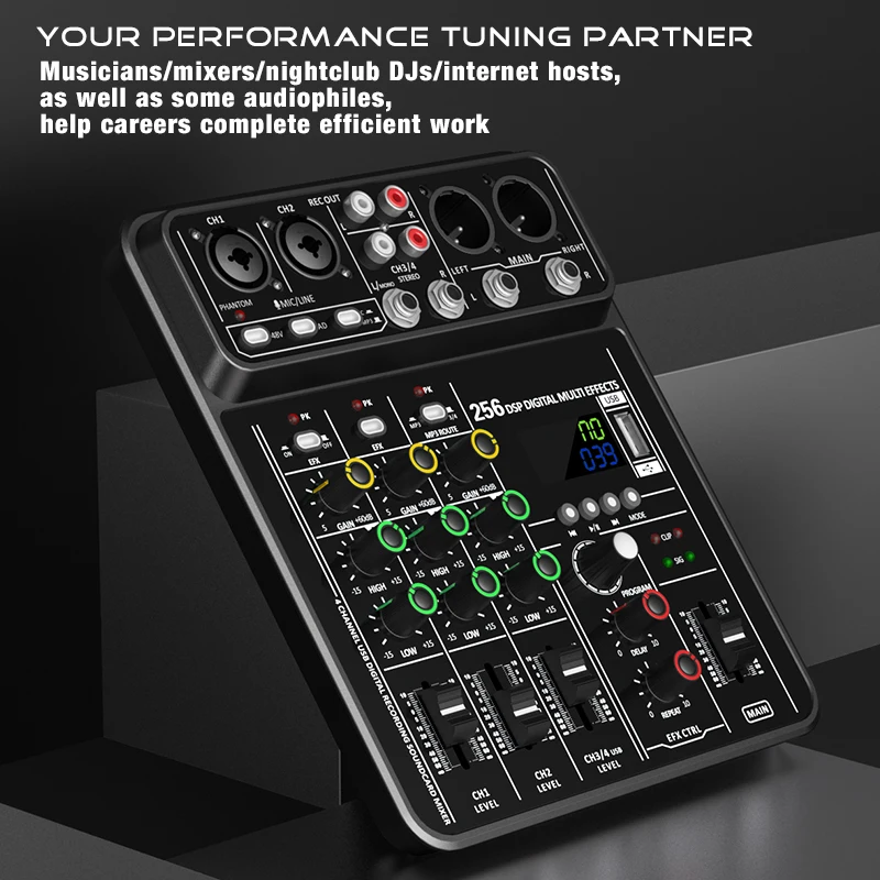 Audio Mixer 4 Channel Audio Mixer 48V Phantom Power USB Studio Sound Mixers Bluetooth DJ Console Mixing for Karaok