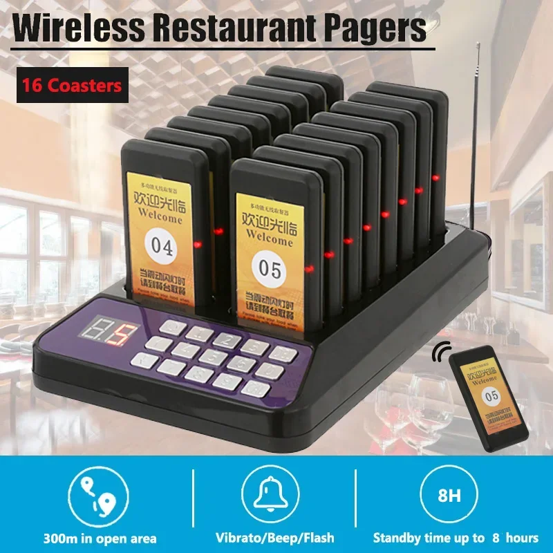 

Restaurant Pager Food Truck Coasters 16/20 Channels Pagers Receiver Calling System For Bar Cafe Fast Food Shop Clinic Church