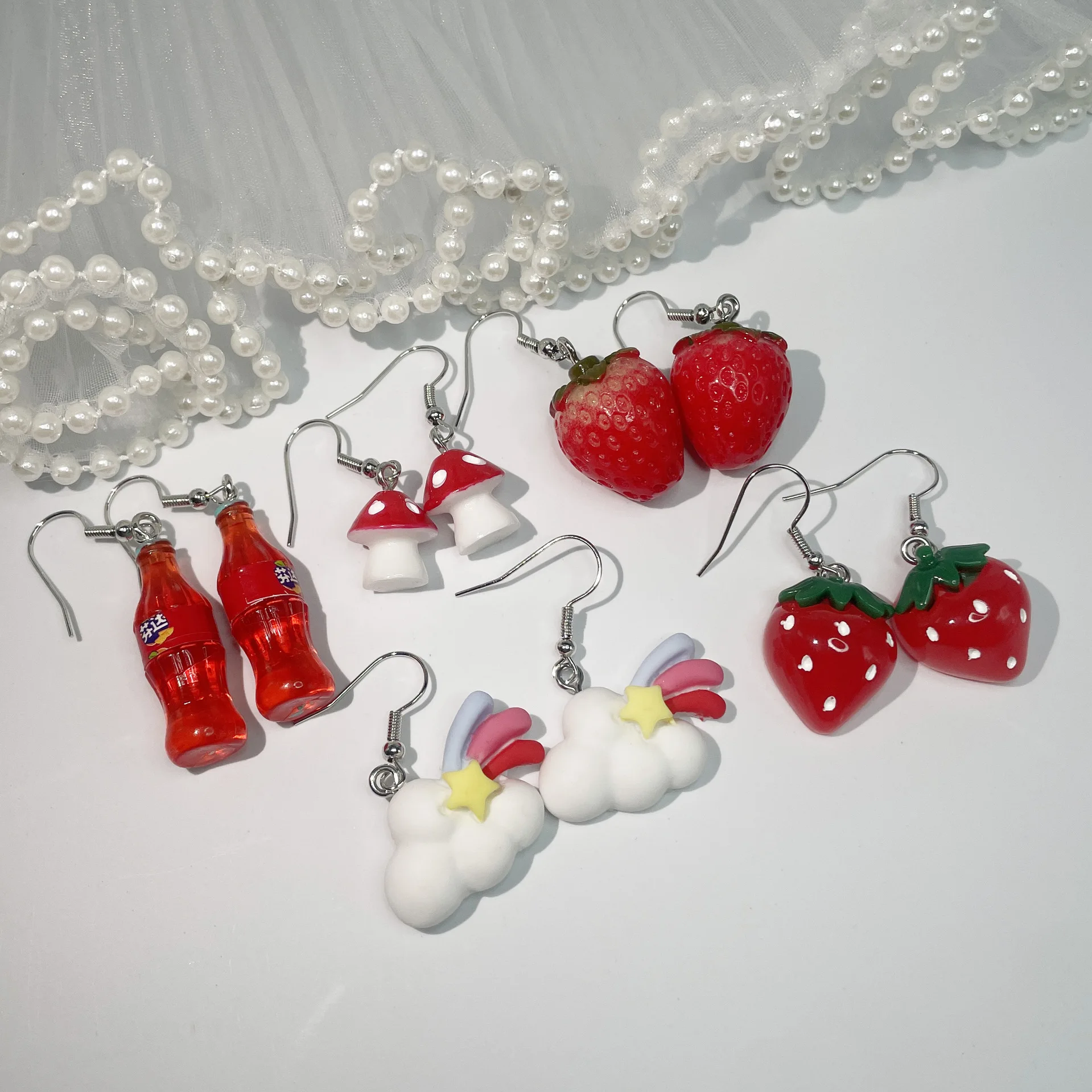 10Pcs Sweet Strawberry Fruit Drinks Drop Earring Set Cute Cartoon Food Ice Cream Donut Funny Resin Earrings Women Girls Jewelry