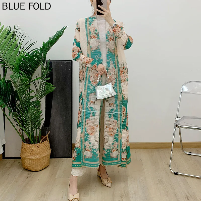 

Женское Плиссированное длинное пальто, стильный мусульманский халат миаке на весну и осень, ветровка с принтом, Длинная женская верхняя одежда