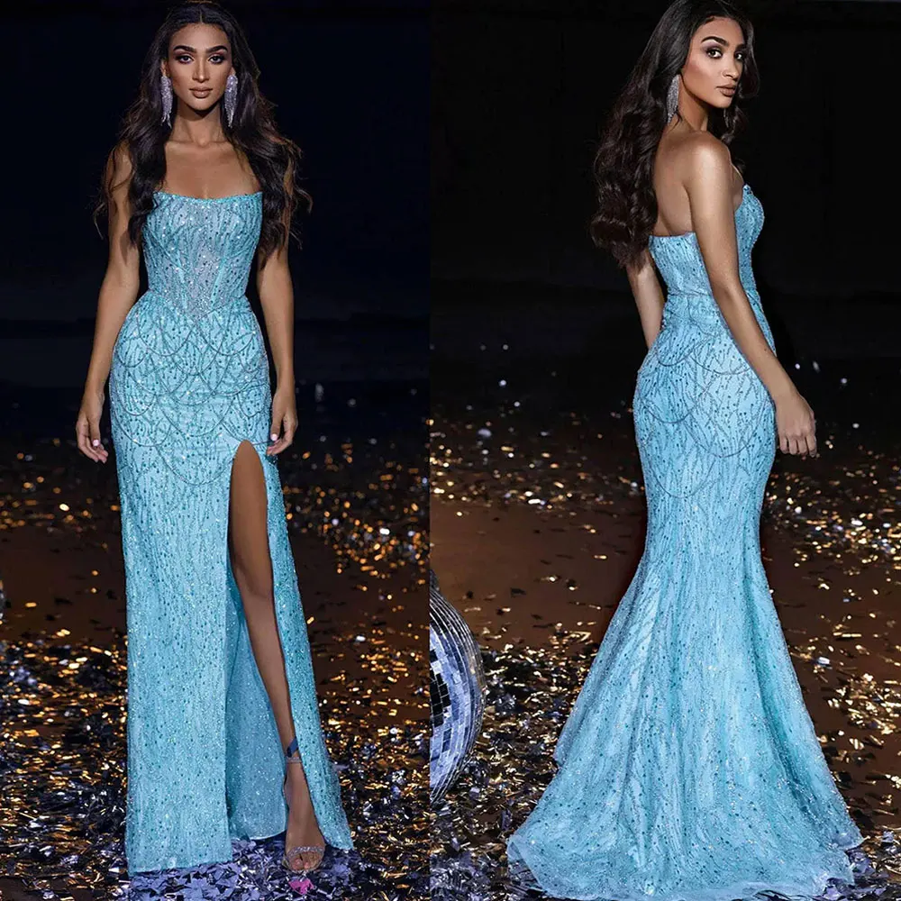 

Sky Blue Mermaid Evening Dresses Strapless Side Split Prom Gowns Tassel Beaded Sequined Sleeveless Illusion Formal Party Robes