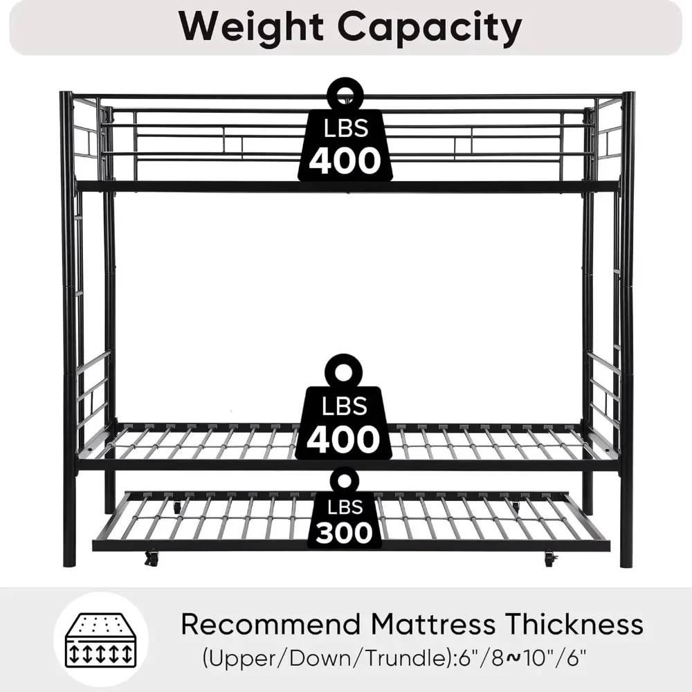 Twin Over Twin Bunk Bed Frame with Trundle,Metal Bunkbed Bedframe with Sturdy Guard Rail and 2 Ladders for Kids/Adults,Can be Di 4