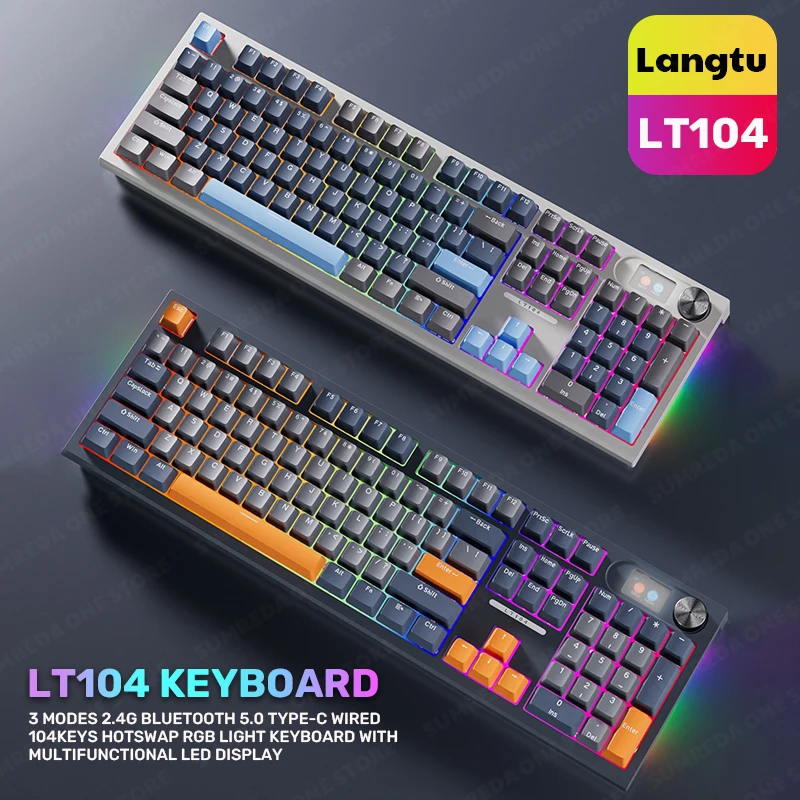 Teclado Mecânico sem Fio Gaming Teclado com Fio Bluetooth Rgb Hotswap Gamer 104key 2.4g Langtu-lt104