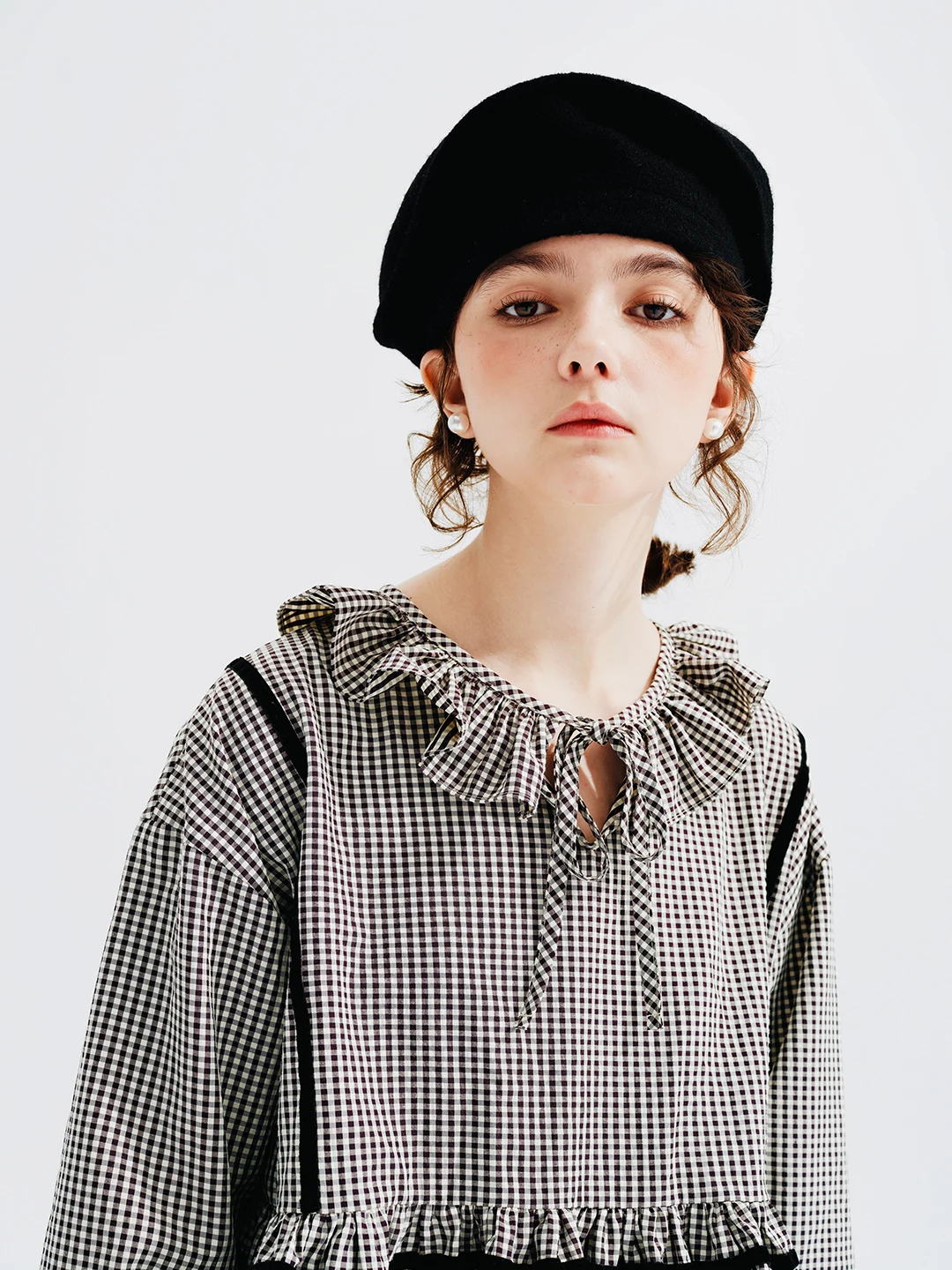 IMAKOKONI original design black and white plaid long-sleeved shirt with ruffled collar striped lapel lace-up top 234241