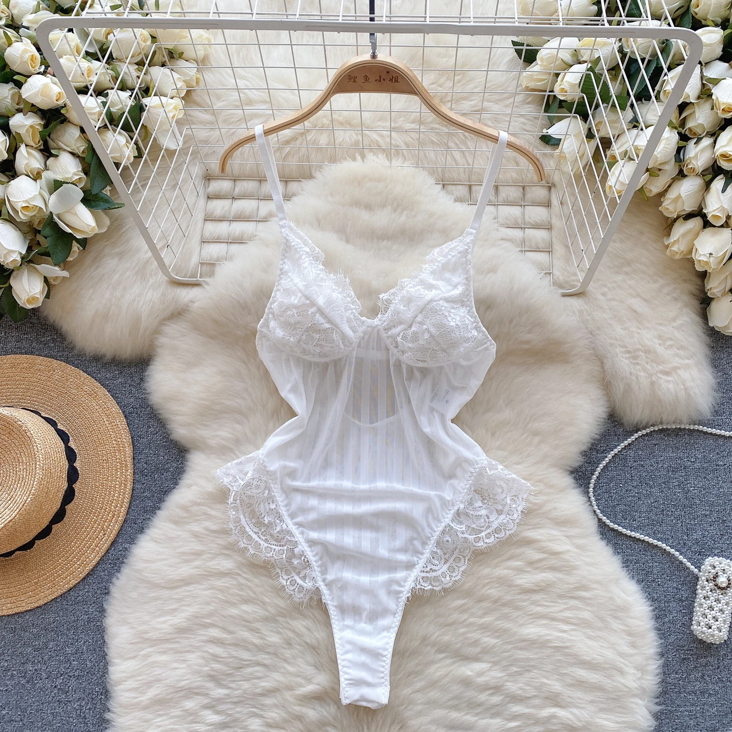 Sexy Transparent Stripe Sheer Floral Onesie Slim Fit One Piece Lace Strappy Rompers Lingerie Women Fashion Combination Bodysuit