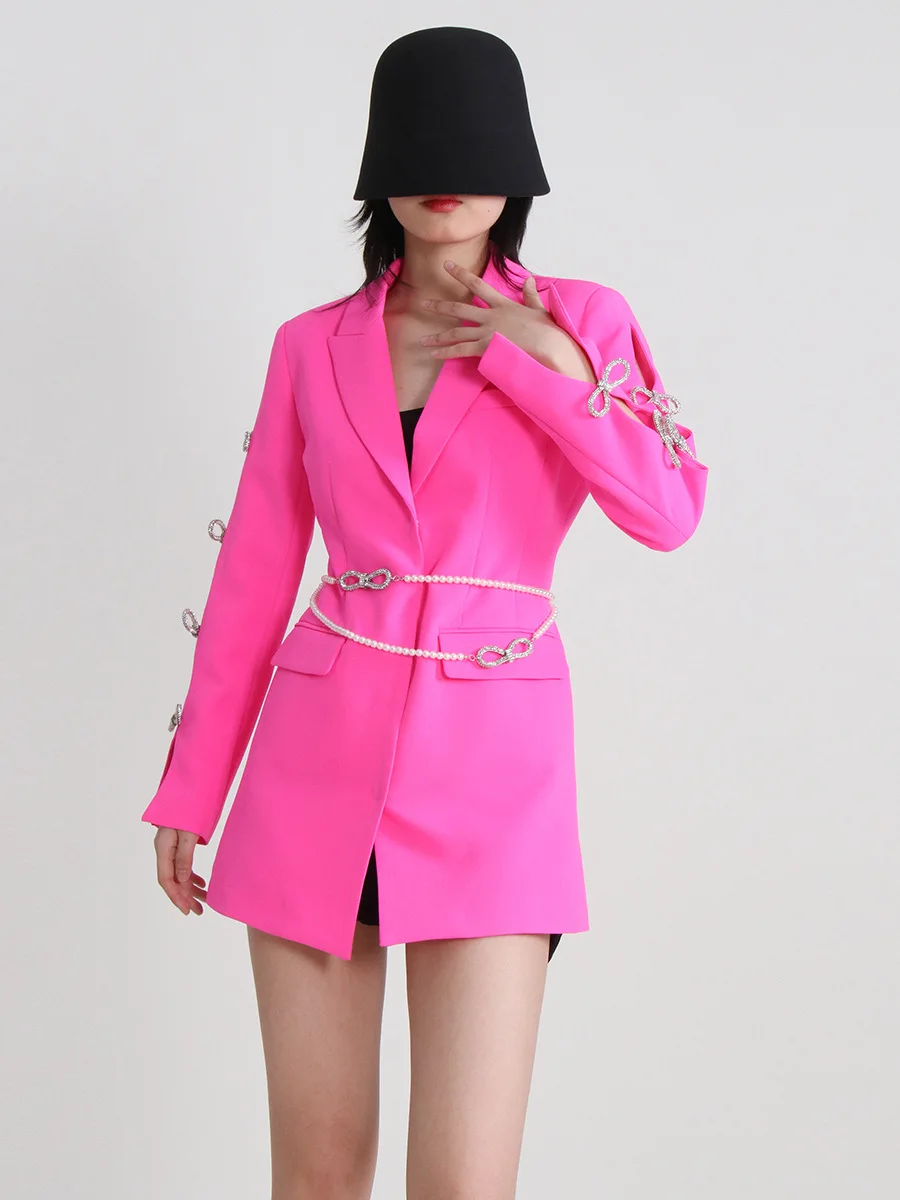 

2023 Autumn New Women's Fashion Small Market Design Sense Suit Dress Bow Fashionable Style Suit A-line Rose Women Pink