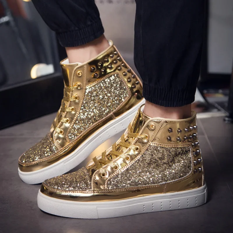 

2023 Fashion Brand Gold Luxury Glitter Shoes Men High top Sneakers Sequin Streetwear Hip Hop Mirrors Sneakers chaussures homme