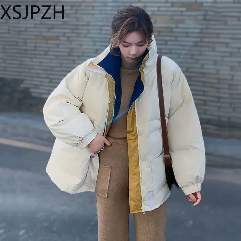 2023 New Women Down Cotton Coat Winter Jacket Female Hong Kong Style Loose Print Parkas Bread Is Thickened Outwear Overcoat