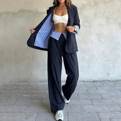 Dames Blazer Pak Tweedelig Herfst Eenvoudig Kantoor Casual Lange Mouw Revers Top+ Losse Broek Streetwear ensemble femme 2 pièces