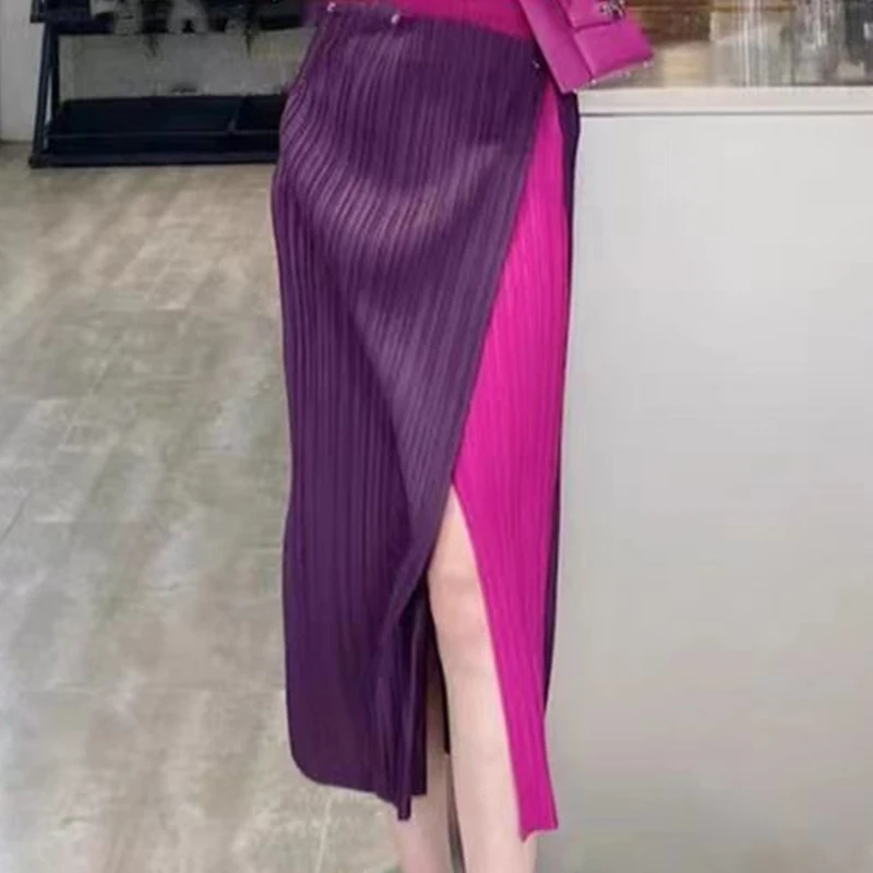 Lily pleated half length skirt, purple pleated skirt, women's new autumn 2023 irregular color contrast long straight skirt women s suit miyake pleated fashion irregular sleeveless o neck t shirt nine point straight pants