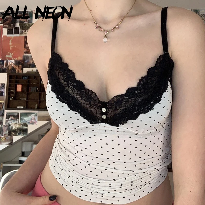 

ALLNeon Coquette Fashion Polka Dot Printed Straps Slim Tanks Tops Sexy V Neck Lace Stitch Crop Vest Y2K E-girl Camis Fairy Cloth