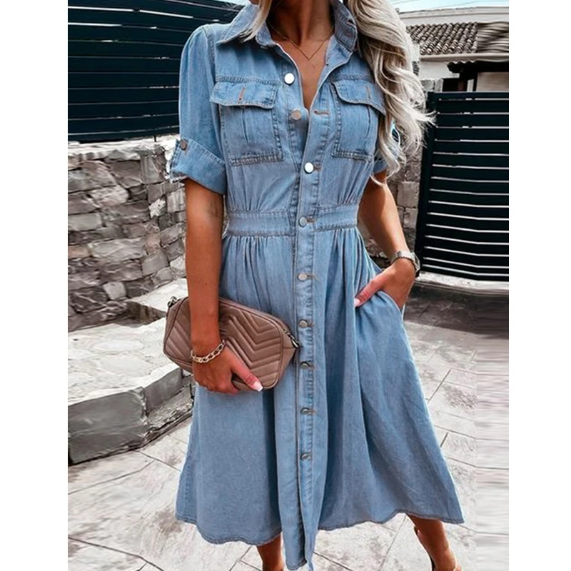 

Mid Length Dress for Women, Monochromatic, Single Breasted, Denim Lapel Style, Spring and Autumn
