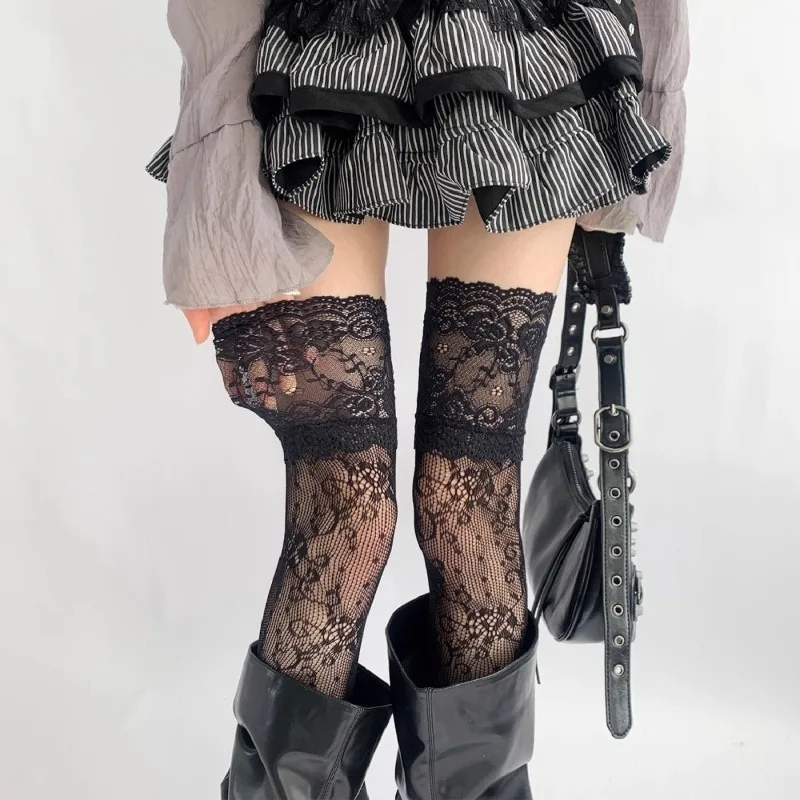 Women's Sexy Lace Floral Fishnet Stockings Costumes JK Lolita Thigh High Socks Nylon Mesh Breathable Over The Knee Stockings