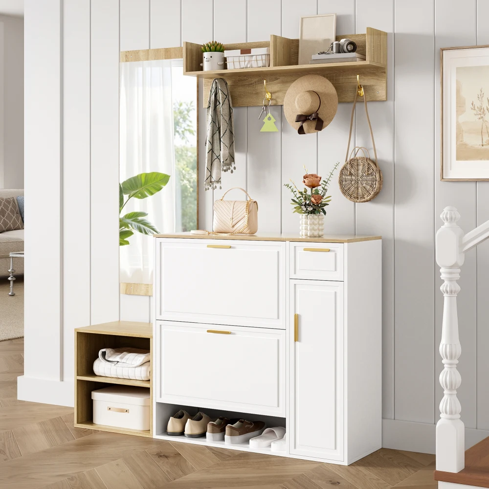 4-teiliges Komplettes Flur-Möbelset, Eingangsbereich-Aufbewahrungskombination mit Schuhschrank, Bank, Wandschrank & Spiegel – Detail 9