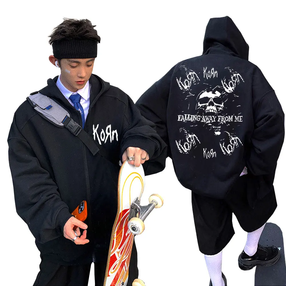 

Rock Band Korn Falling Away From Me Graphic Zipper Hoodie Cool Vintage Skeleton Print Zip Up Hoodies Men Gothic Oversized Jacket