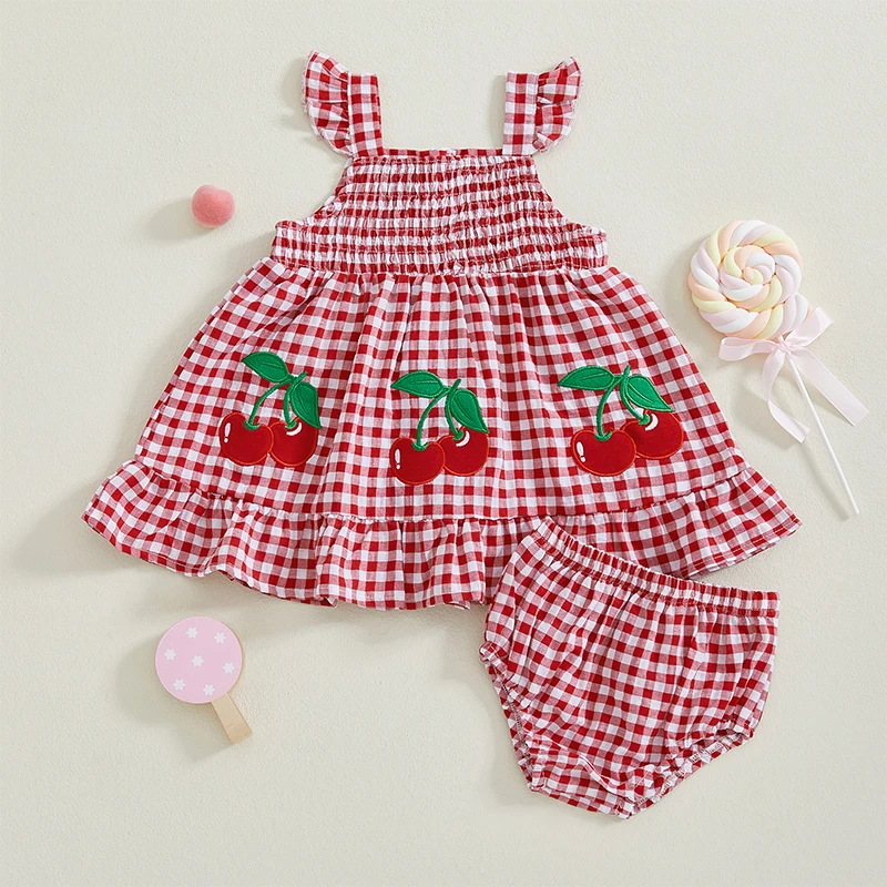 여름 복장 옷  소녀 격자 무늬 체리 민소매 튜닉 티셔츠 탑과 반바지 블루머 세..