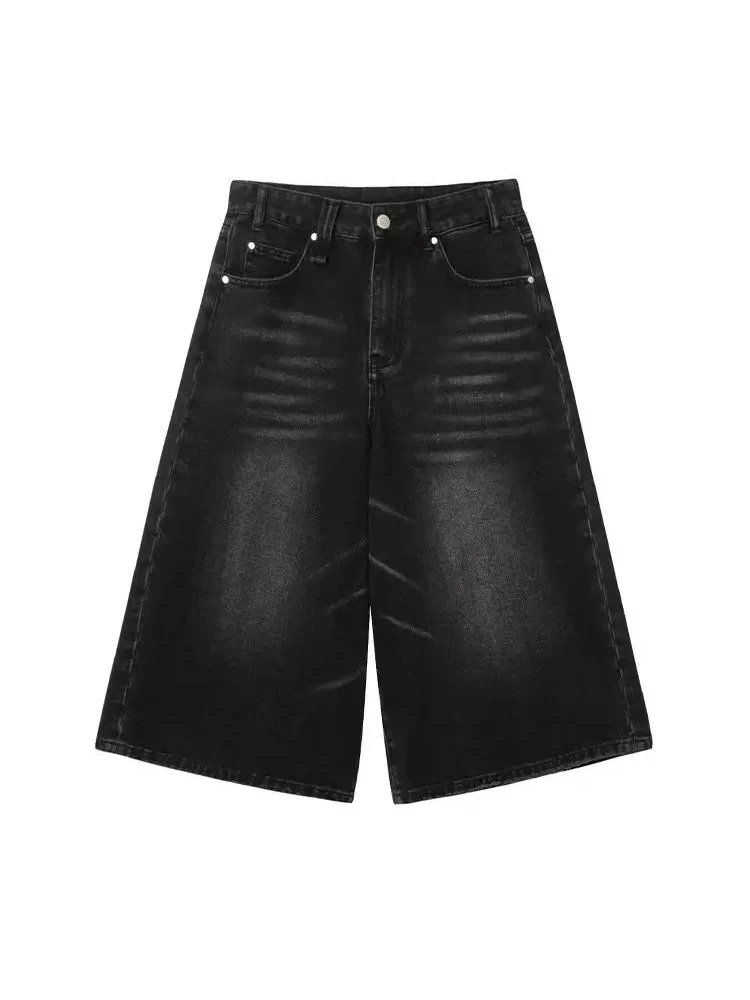 QWEEK Y2k Baggy Denim Shorts Women Black Wide Leg Capri Pants Fashion High Waisted Dark Wash Jeans Female Casual Retro 2000s