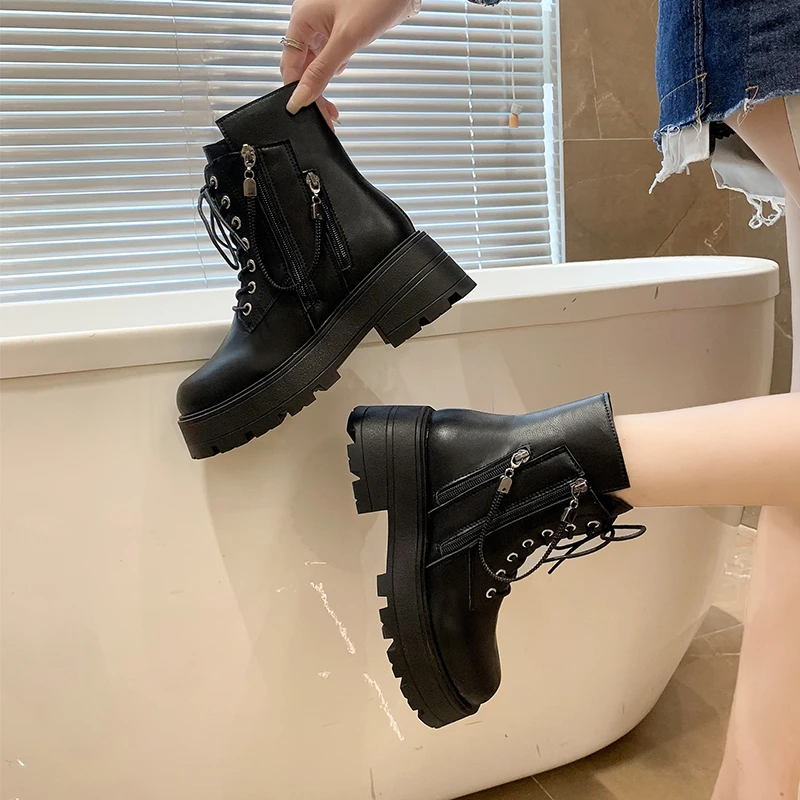 2023 PU Shoes for Women Platform Women's Boots Ankle Modern Boots Women Round Toe Lace Up Side Zip Fretwork Heel Ladies Shoes