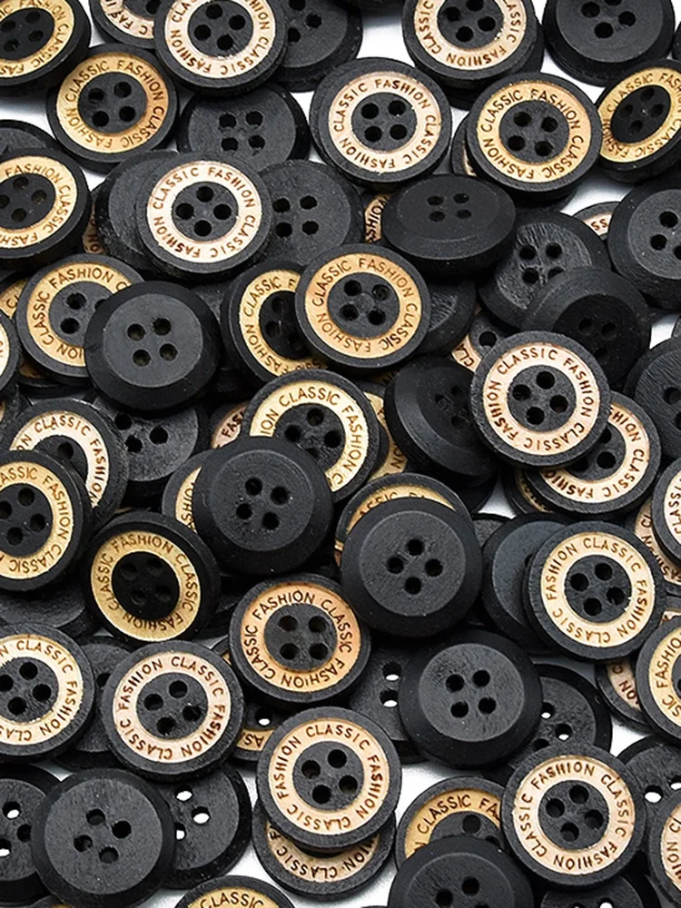 Black Laser Engraved Round Wooden Buttons for Sewing and Crafts, 4 Holes, 15mm, 30-Pack or 60-Pack