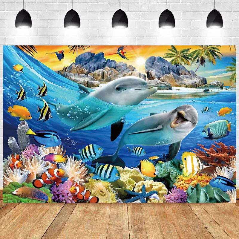 

Seabed Dolphin Photo Backdrop Happy Birthday Party Ocean Sea Animal Fish Photography Background Studio Prop Decoration Banner