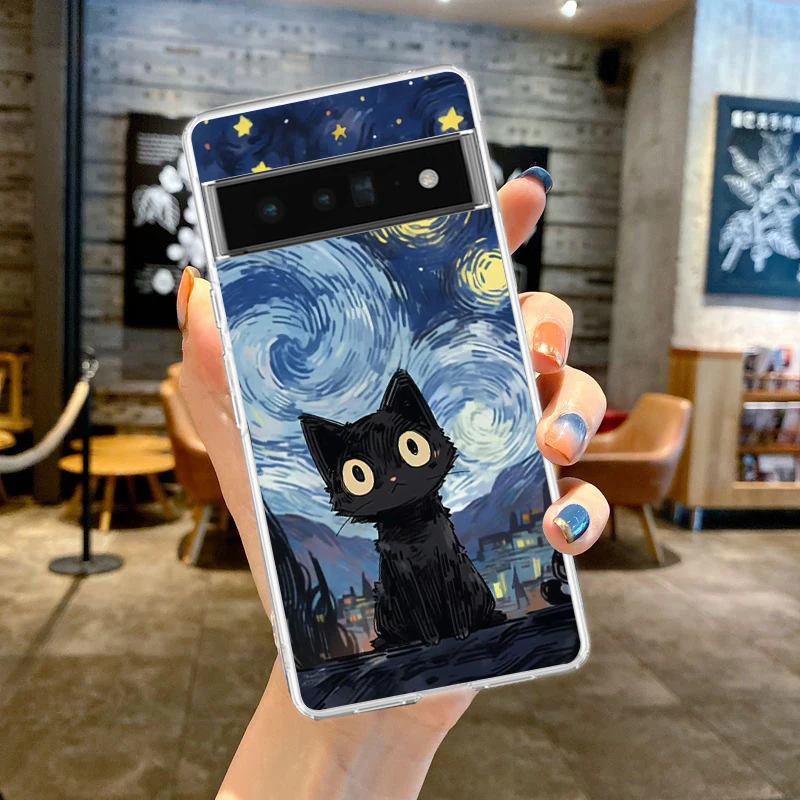 Clear Soft TPU Phone Case - Gogh at Night Cat Design