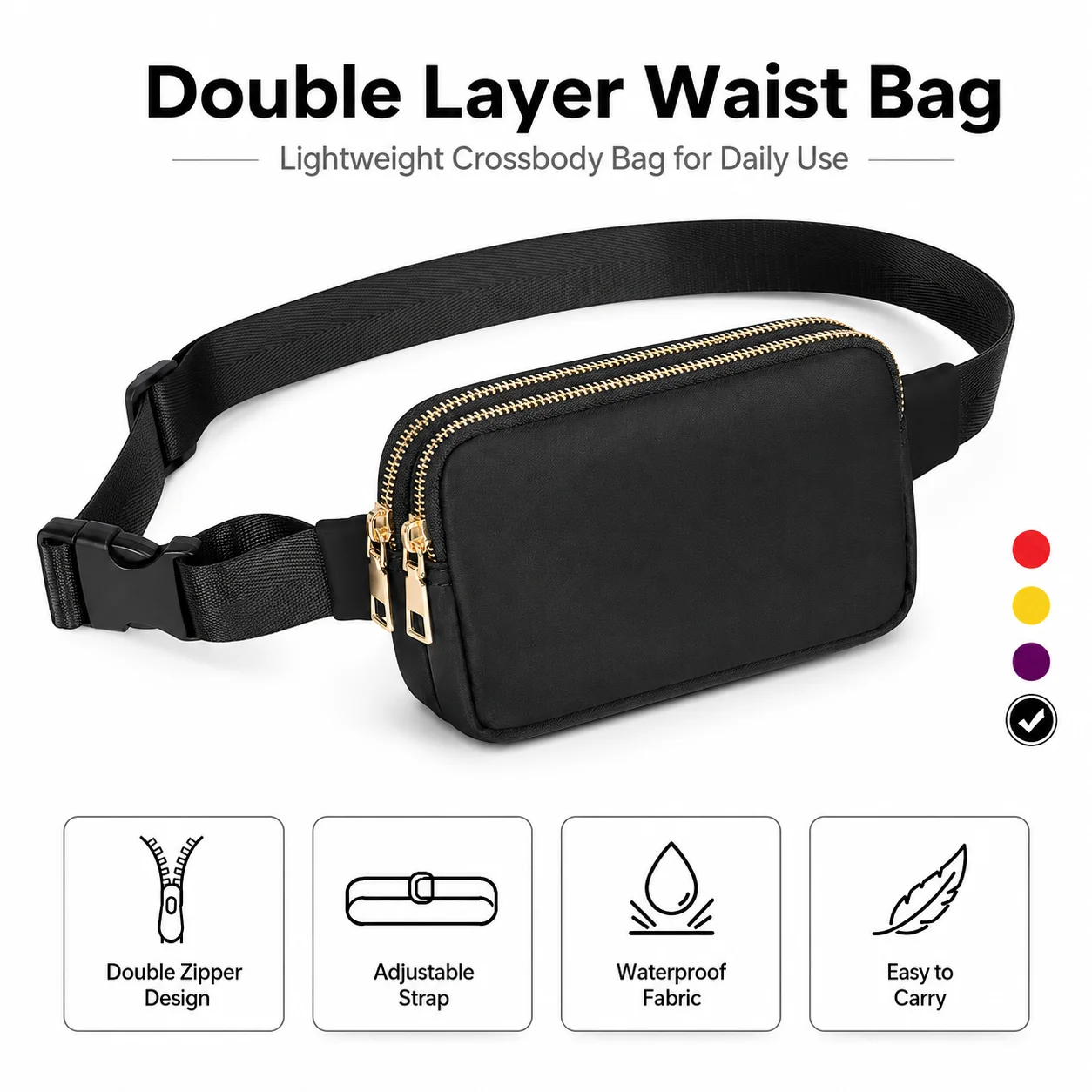 Dual Compartment Lightweight Crossbody Waterproof Waist Bag with Adjustable Strap