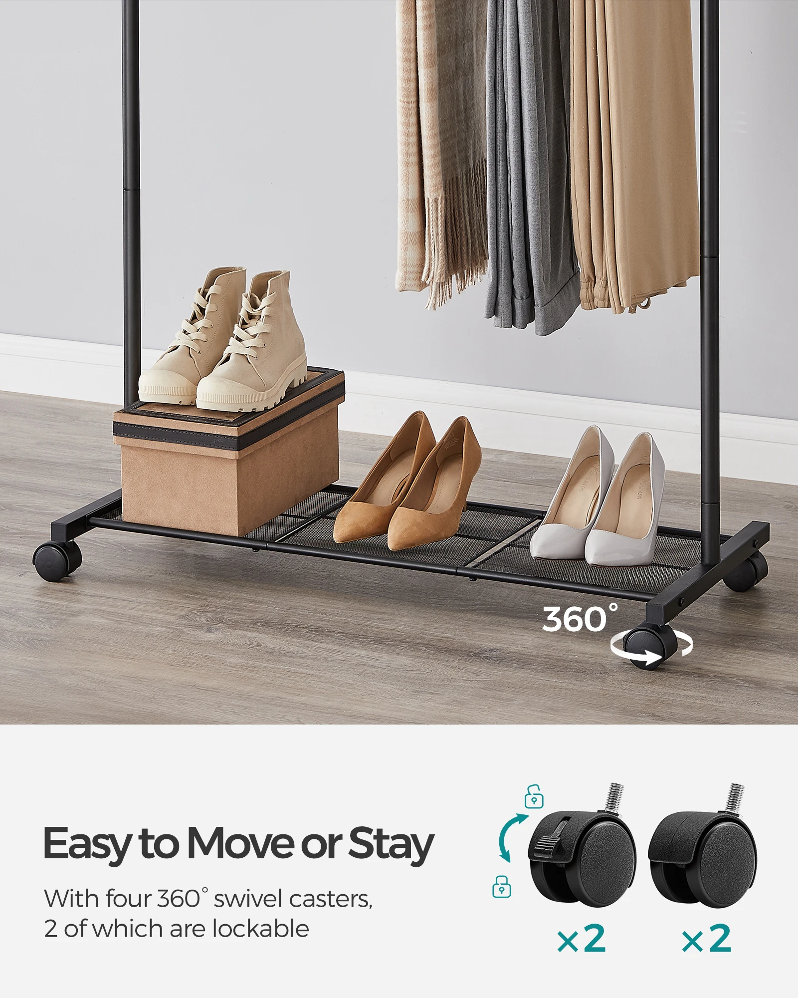 SONGMICS Clothes Rack with Wheels, Double-Rod Clothing Rack for Hanging Clothes 5