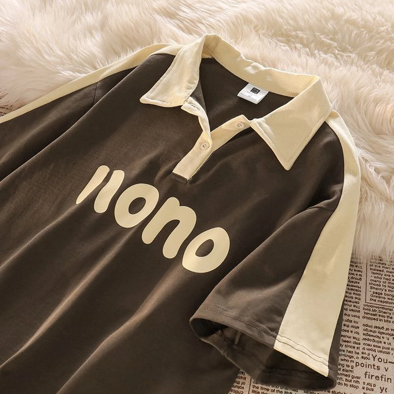 

American shoulder t-shirt polo shirt short sleeved brown stitching summer new Korean version loose all match oversized t shirt
