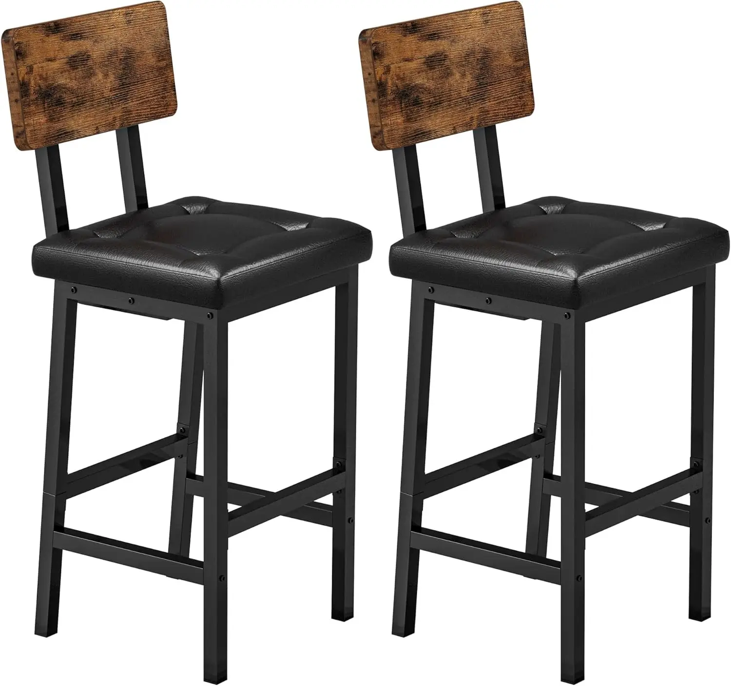 Bar Stools Set of 2, 16.5in Square PU Upholstered Barstools with Back and Footrest, Thick Cushion Stools